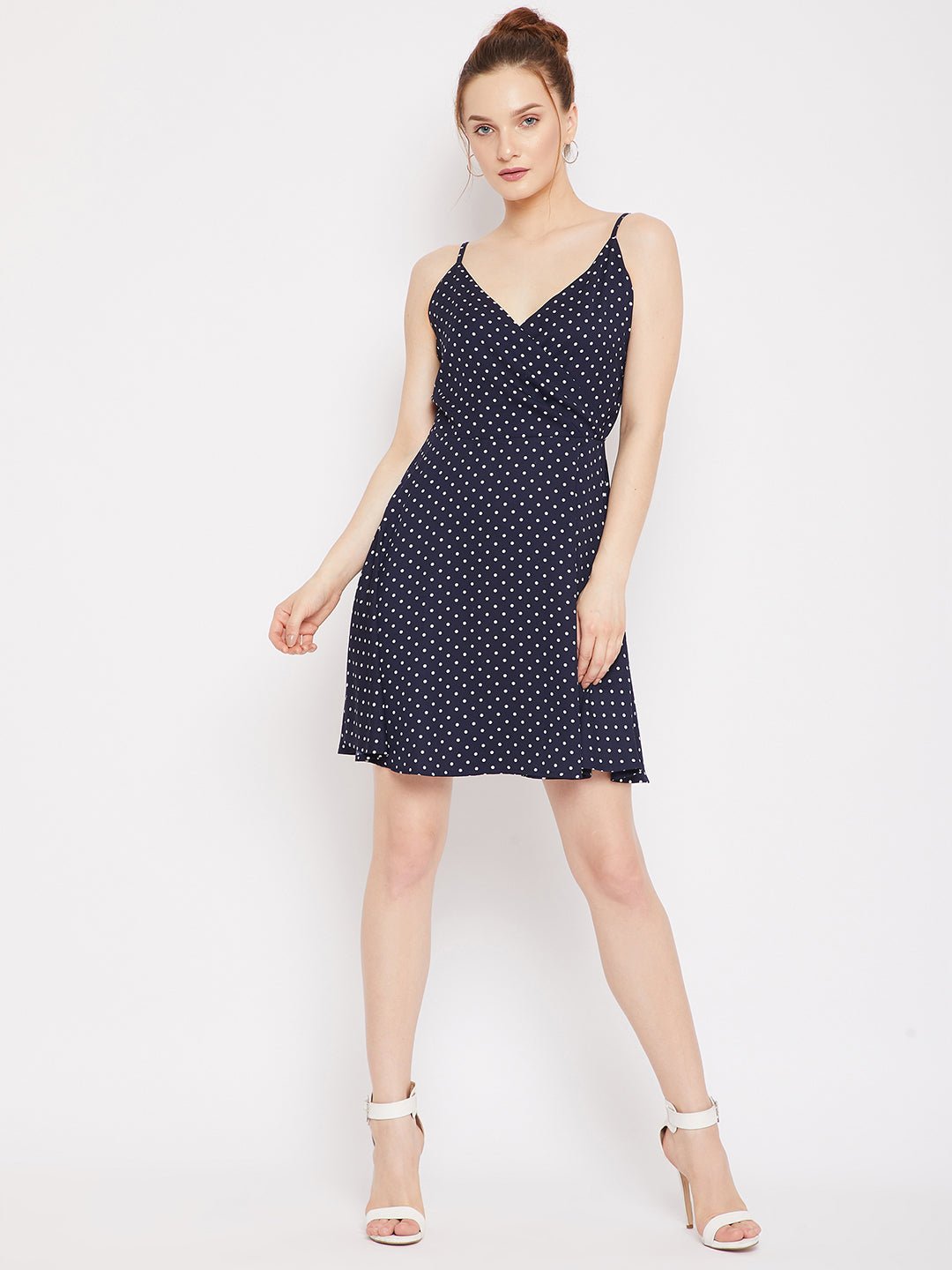 Folk Republic Women Navy Blue & White Polka Dot Printed V-Neck Fit & Flare Wrap Mini Dress - #folk republic#
