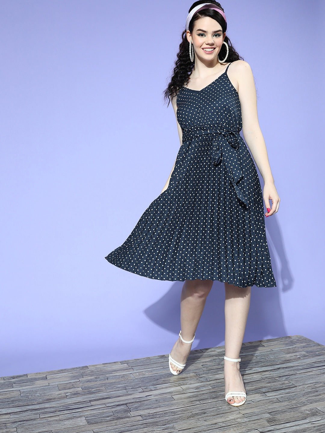 Folk Republic Women Navy Blue & White Polka Dot Printed V-Neck Tie-Up Waist Crepe Accordion Pleated Fit & Flare Midi Dress - #folk republic#