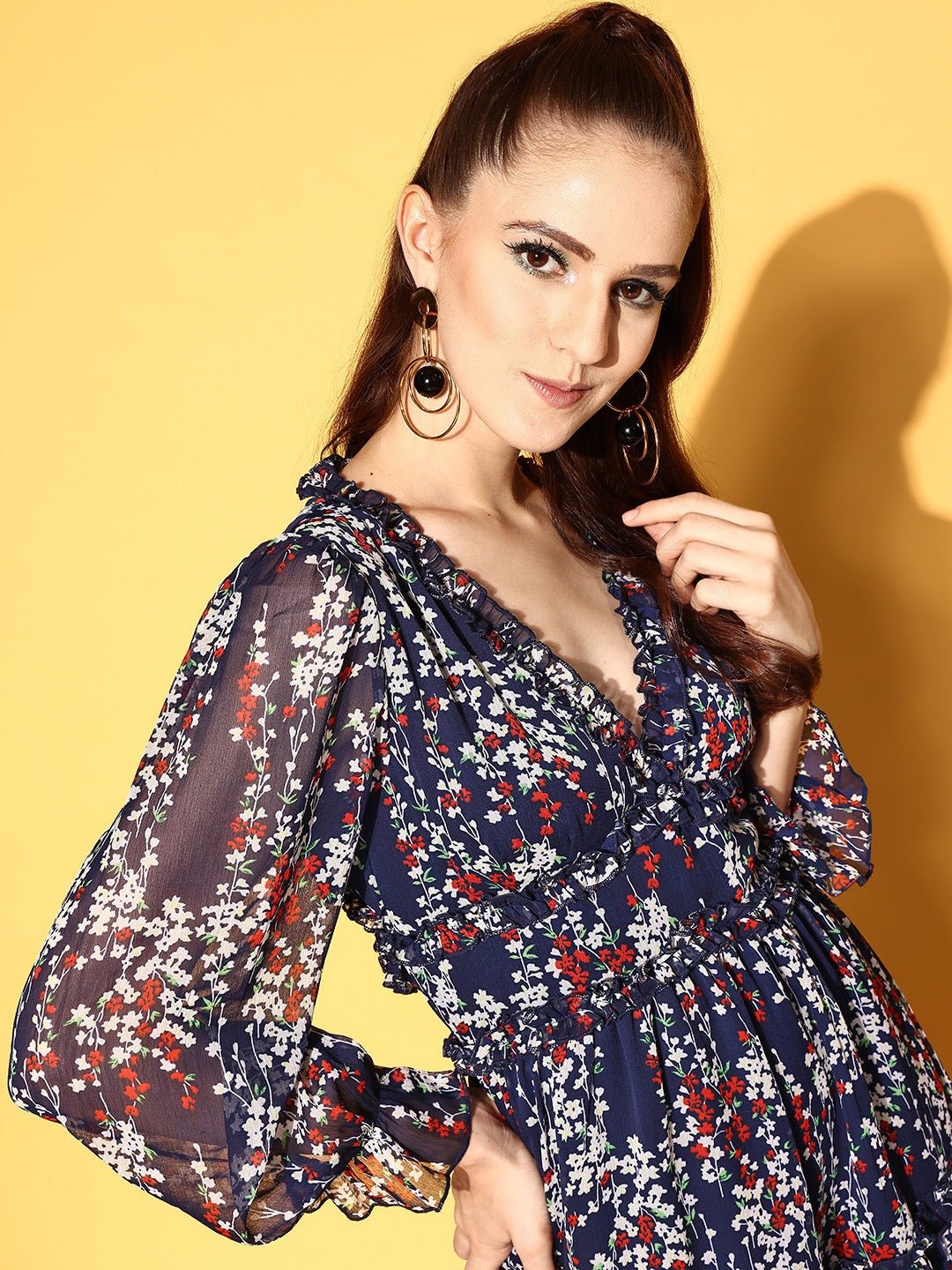 Folk Republic Women Navy Blue, White, & Red Floral Printed V-Neck Chiffon Back Cutout Flared A-Line Mini Dress - #folk republic#