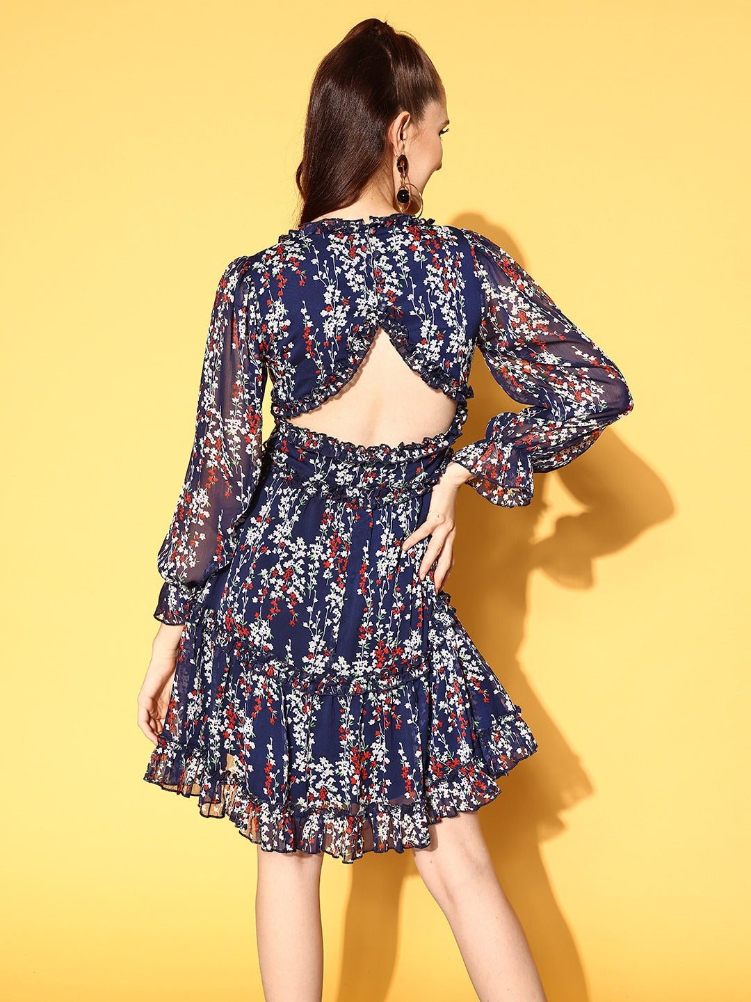 Folk Republic Women Navy Blue, White, & Red Floral Printed V-Neck Chiffon Back Cutout Flared A-Line Mini Dress - #folk republic#
