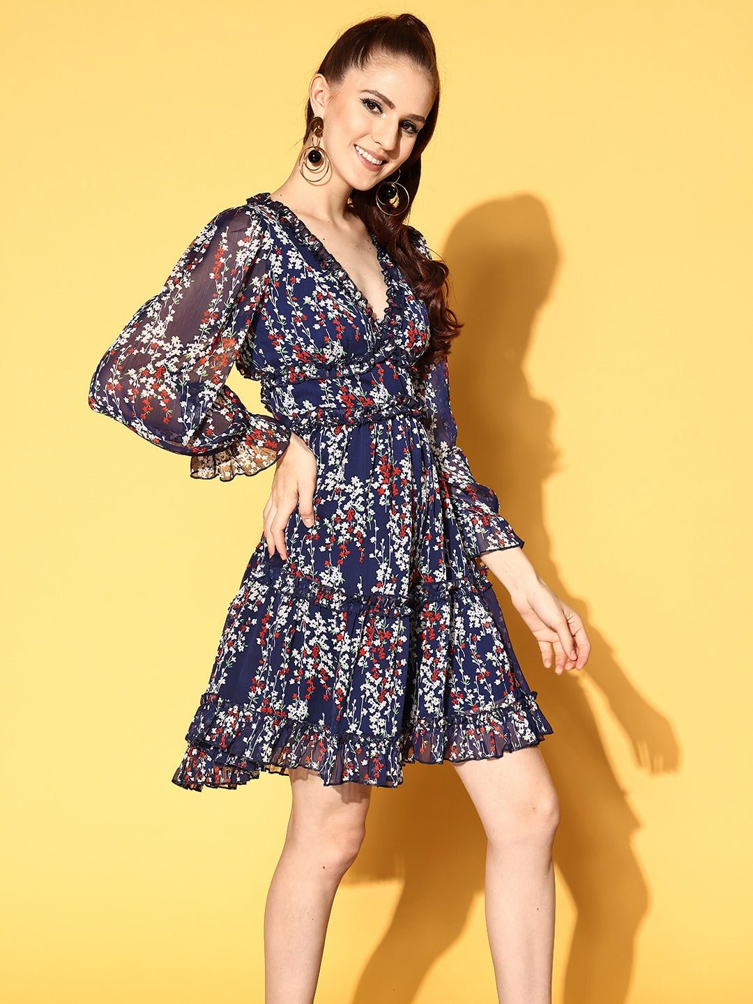 Folk Republic Women Navy Blue, White, & Red Floral Printed V-Neck Chiffon Back Cutout Flared A-Line Mini Dress - #folk republic#