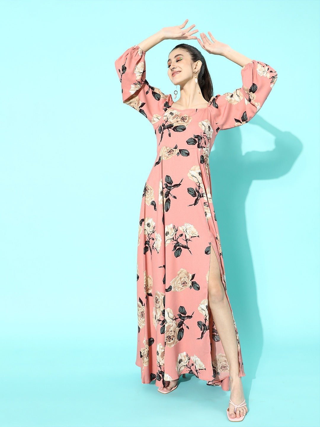 Folk Republic Women Nude Pink Floral Printed Square-Neck Thigh-Slit Maxi Dress - #folk republic#