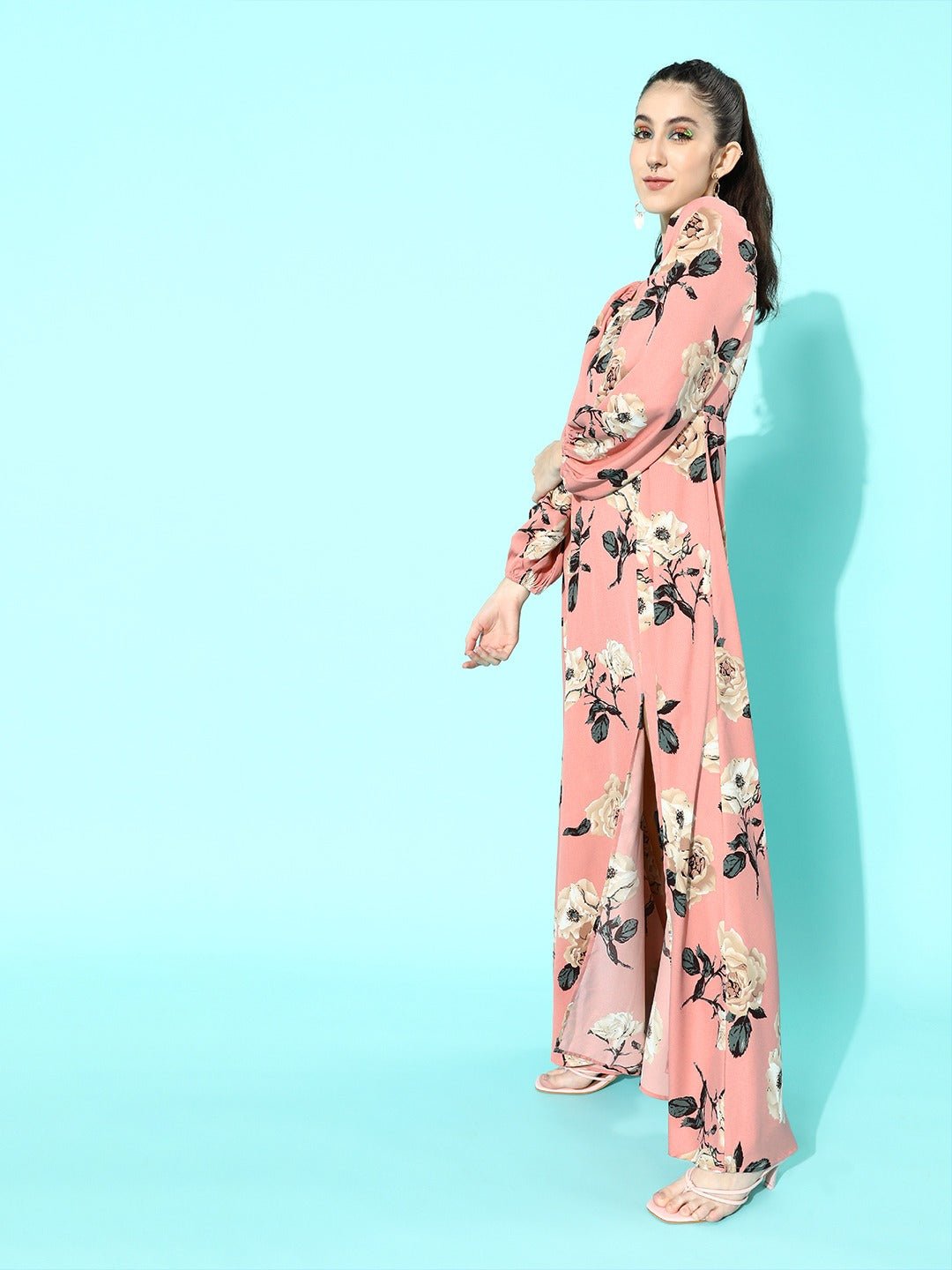 Folk Republic Women Nude Pink Floral Printed Square-Neck Thigh-Slit Maxi Dress - #folk republic#