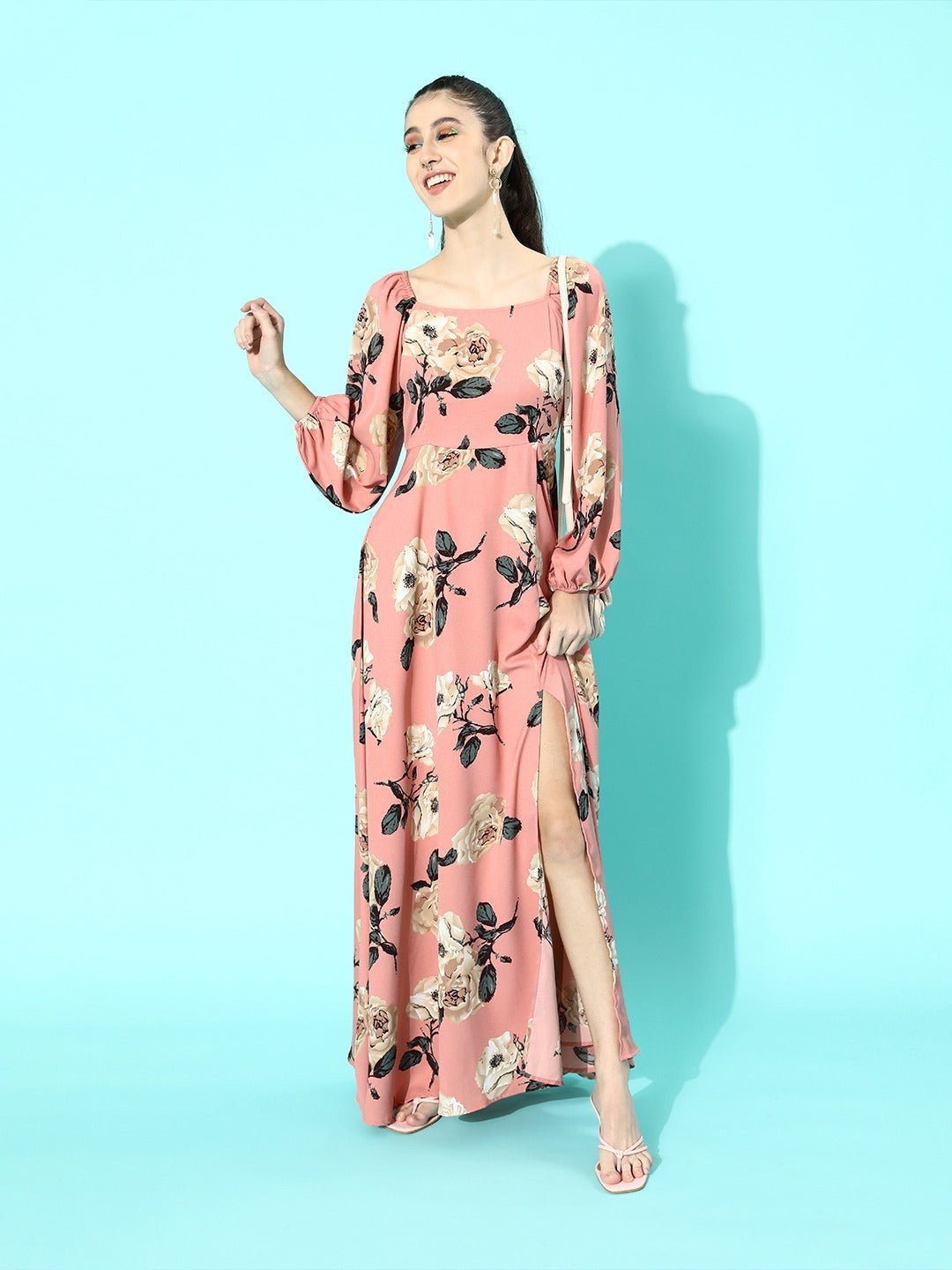 Folk Republic Women Nude Pink Floral Printed Square-Neck Thigh-Slit Maxi Dress - #folk republic#