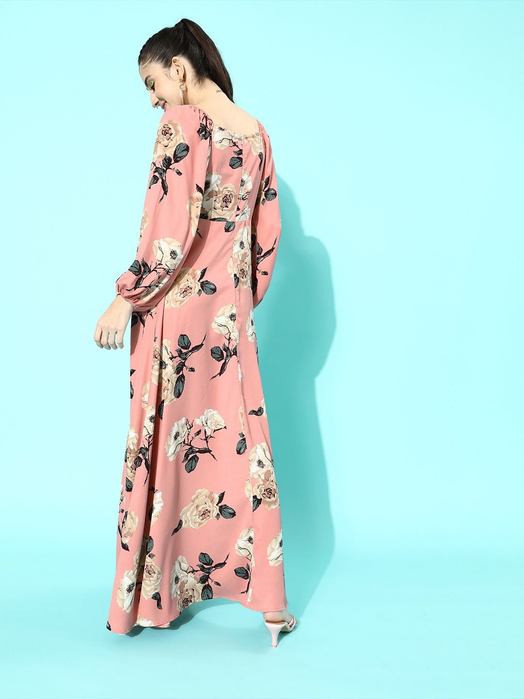 Folk Republic Women Nude Pink Floral Printed Square-Neck Thigh-Slit Maxi Dress - #folk republic#