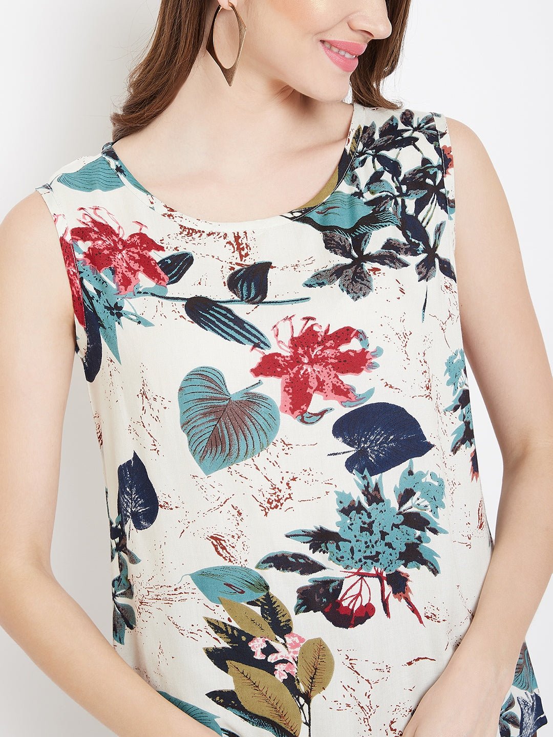Folk Republic Women Off-White & Blue Floral Printed Round-Neck Sleeveless Regular Top - #folk republic#