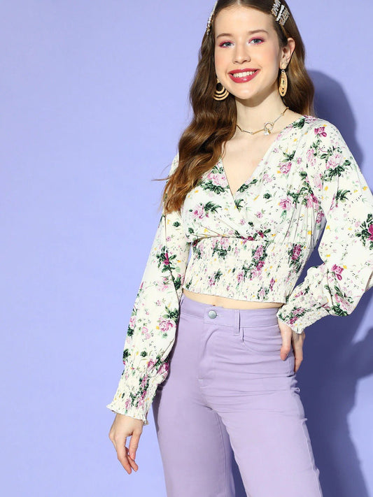 Folk Republic Women Off-White Floral Printed V-Neck Bishop Sleeve Smocked Empire Crop Top - #folk republic#