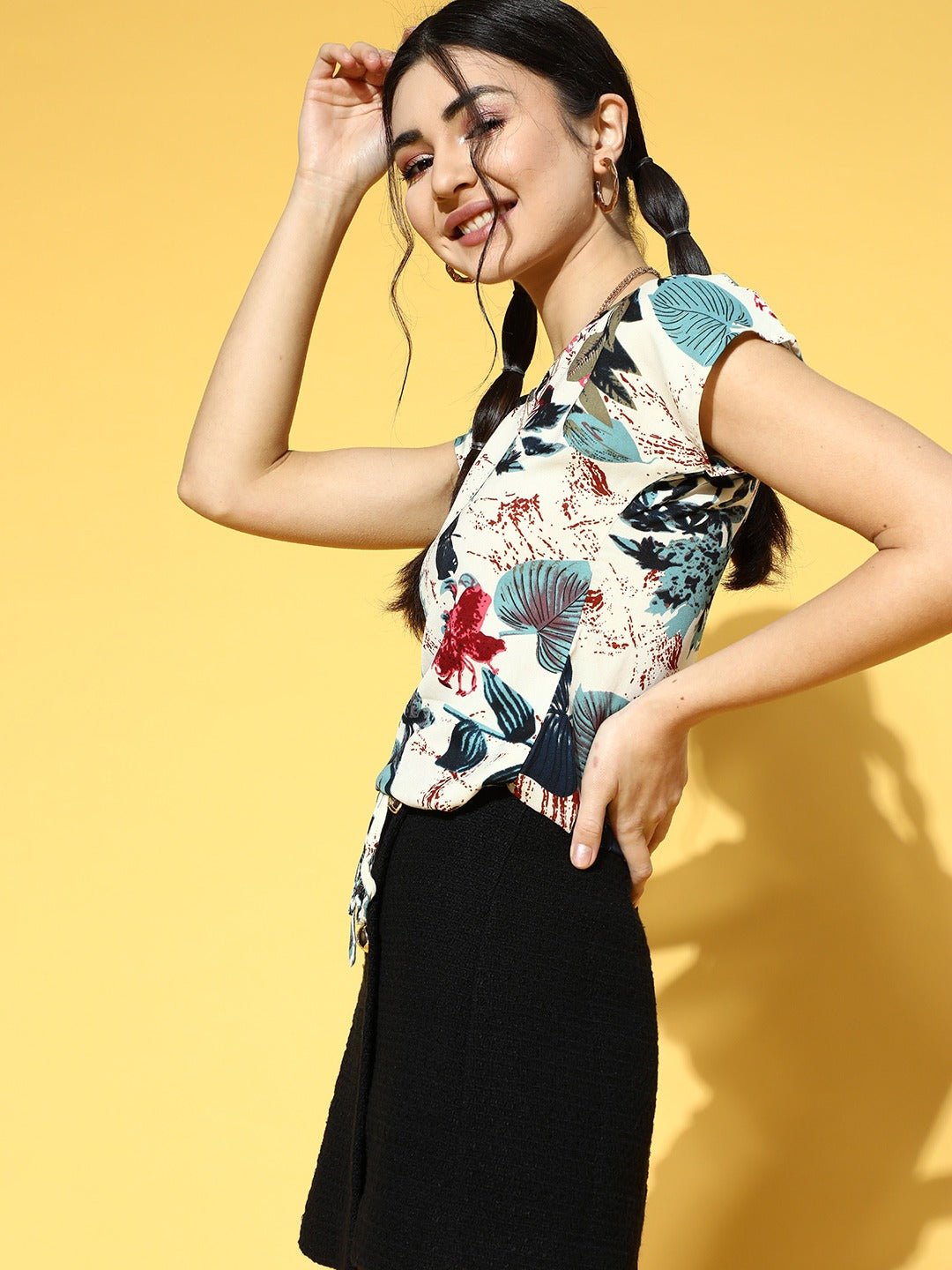 Folk Republic Women Off-White & Teal Floral Printed Round Neck Tie-Up Waist Regular Top - #folk republic#