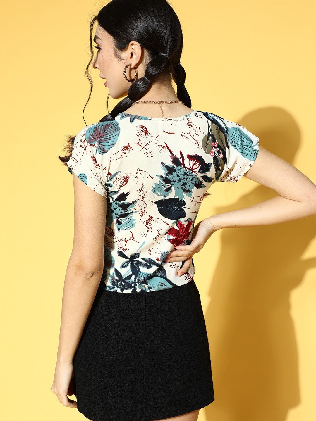 Folk Republic Women Off-White & Teal Floral Printed Round Neck Tie-Up Waist Regular Top - #folk republic#