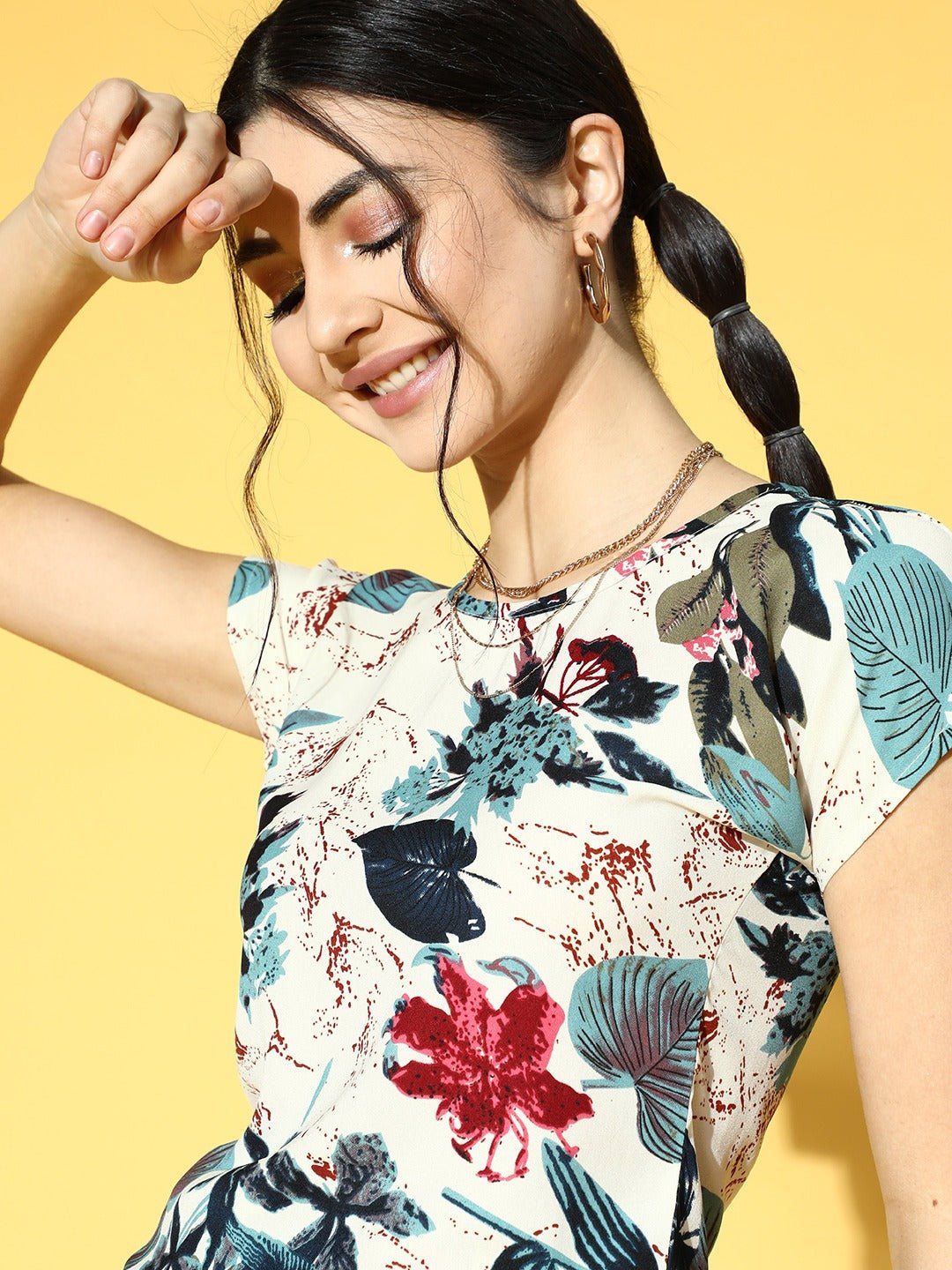 Folk Republic Women Off-White & Teal Floral Printed Round Neck Tie-Up Waist Regular Top - #folk republic#