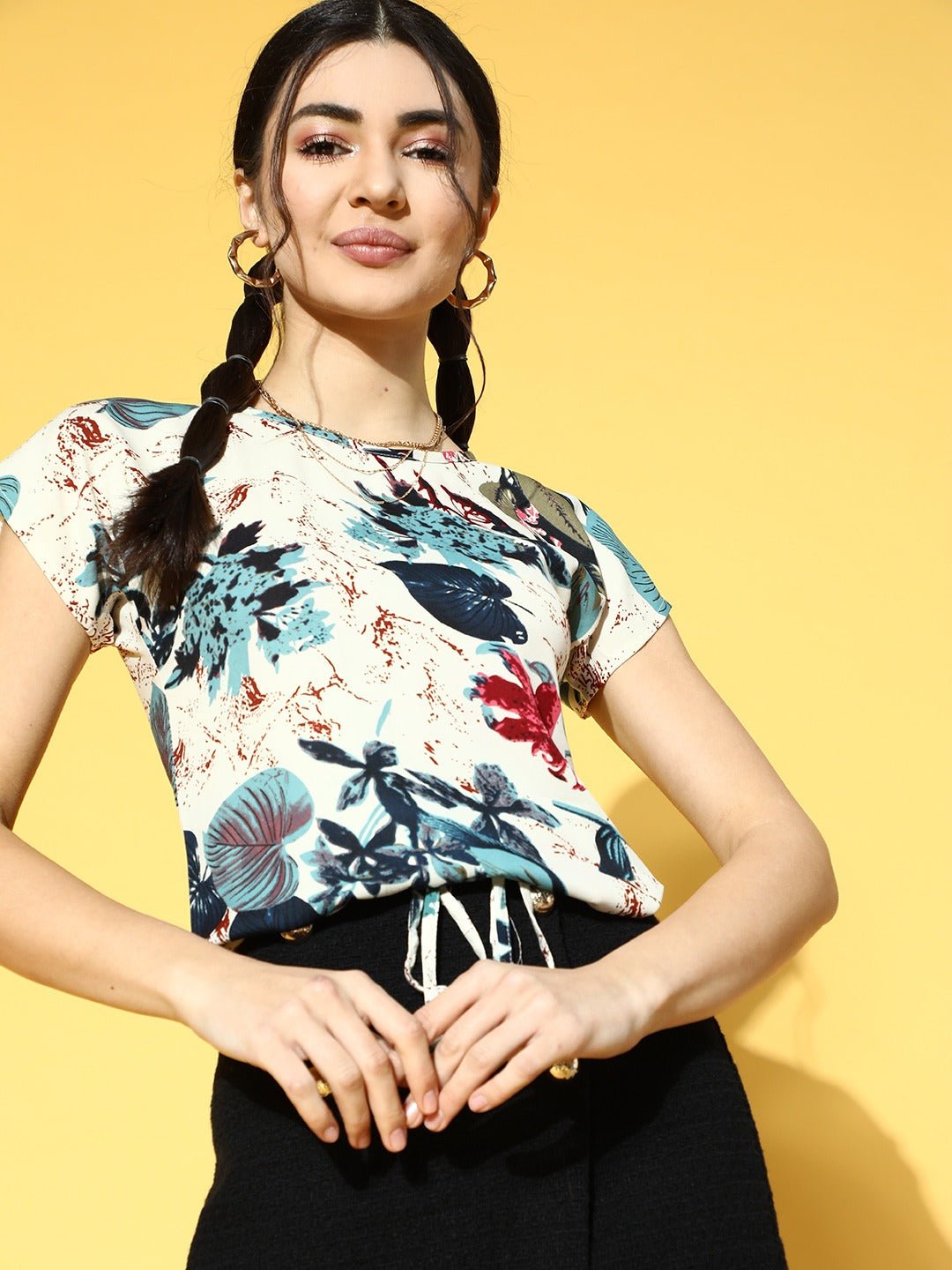 Folk Republic Women Off-White & Teal Floral Printed Round Neck Tie-Up Waist Regular Top - #folk republic#