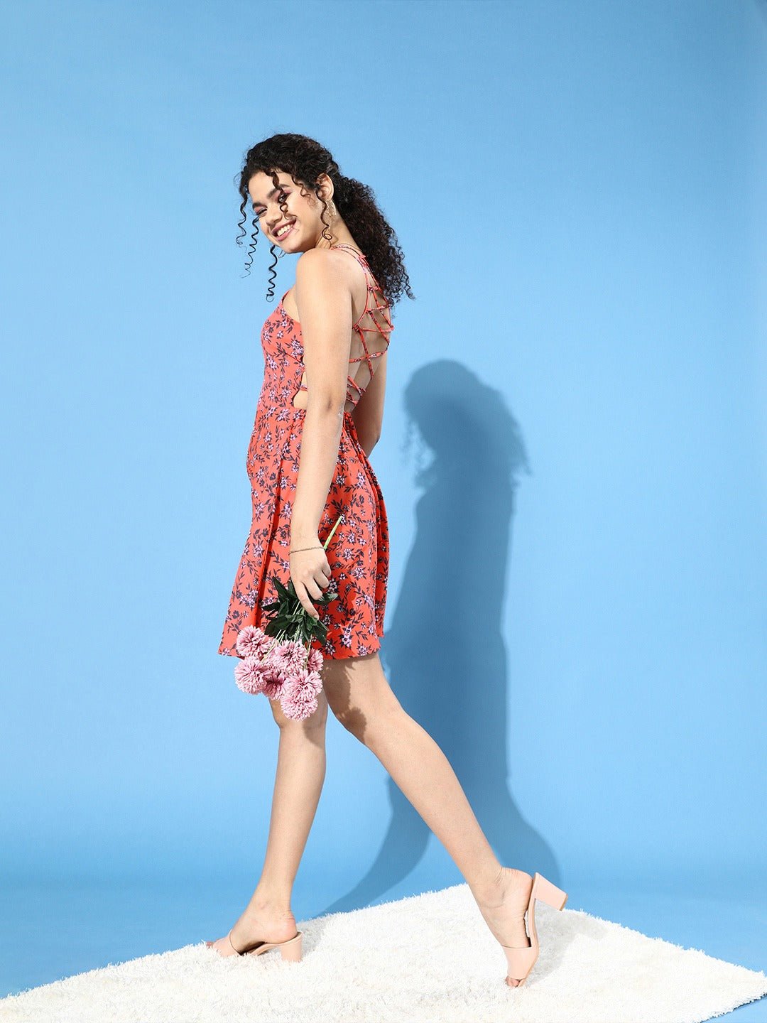 Folk Republic Women Orange Floral Printed Crepe Fit & Flare Mini Dress - #folk republic#