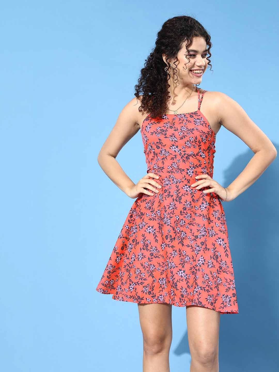 Folk Republic Women Orange Floral Printed Crepe Fit & Flare Mini Dress - #folk republic#