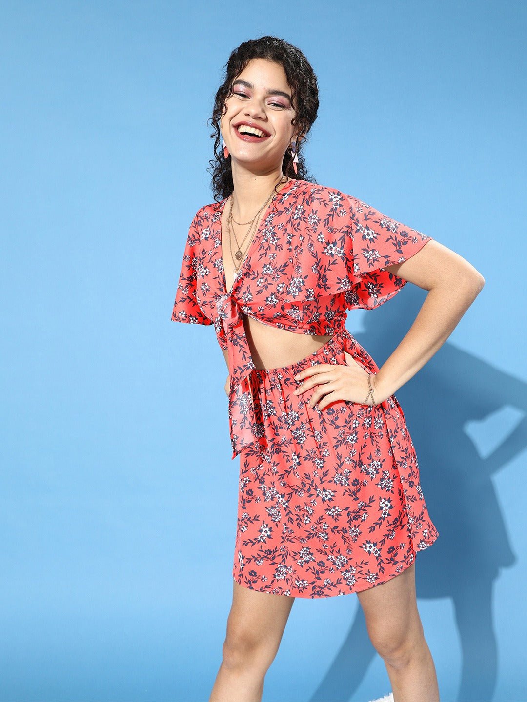 Folk Republic Women Orange Floral Printed Front Tie-Knot A-Line Mini Dress - #folk republic#