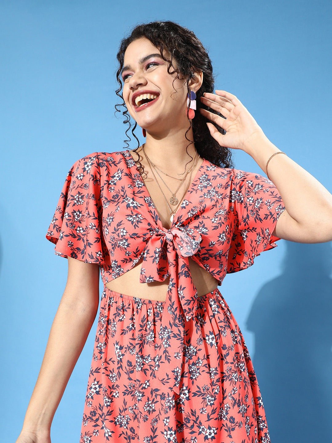 Folk Republic Women Orange Floral Printed Front Tie-Knot A-Line Mini Dress - #folk republic#