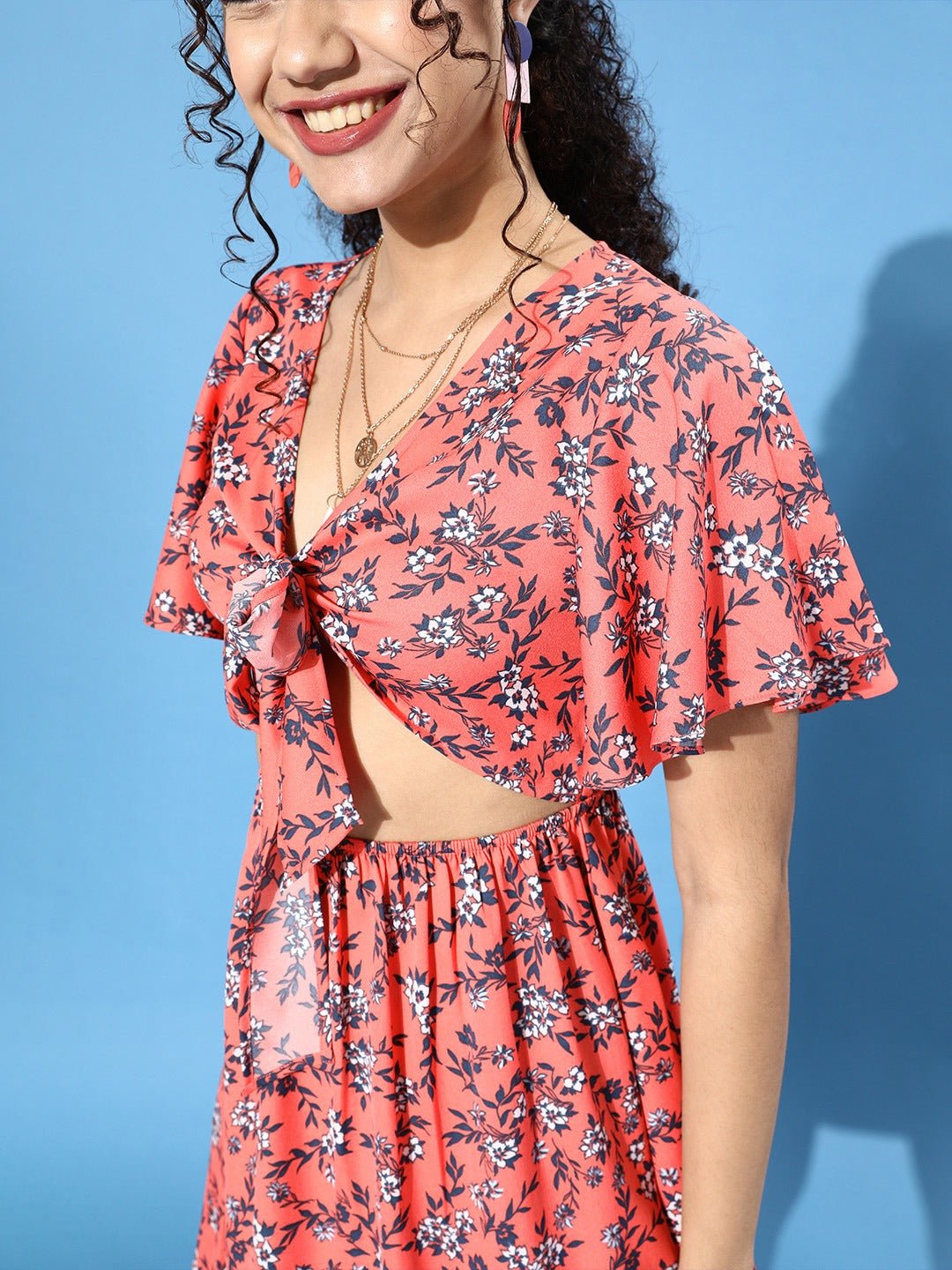 Folk Republic Women Orange Floral Printed Front Tie-Knot A-Line Mini Dress - #folk republic#