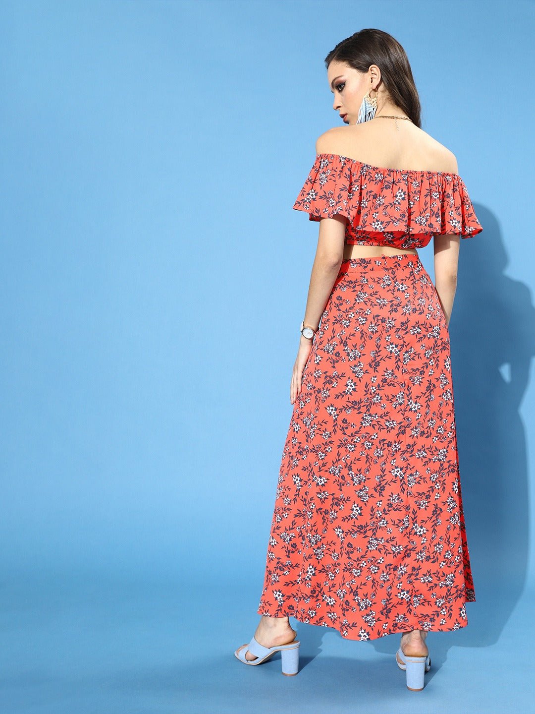 Folk Republic Women Orange Floral Printed Off-Shoulder Co-Ordinate Maxi Dress - #folk republic#