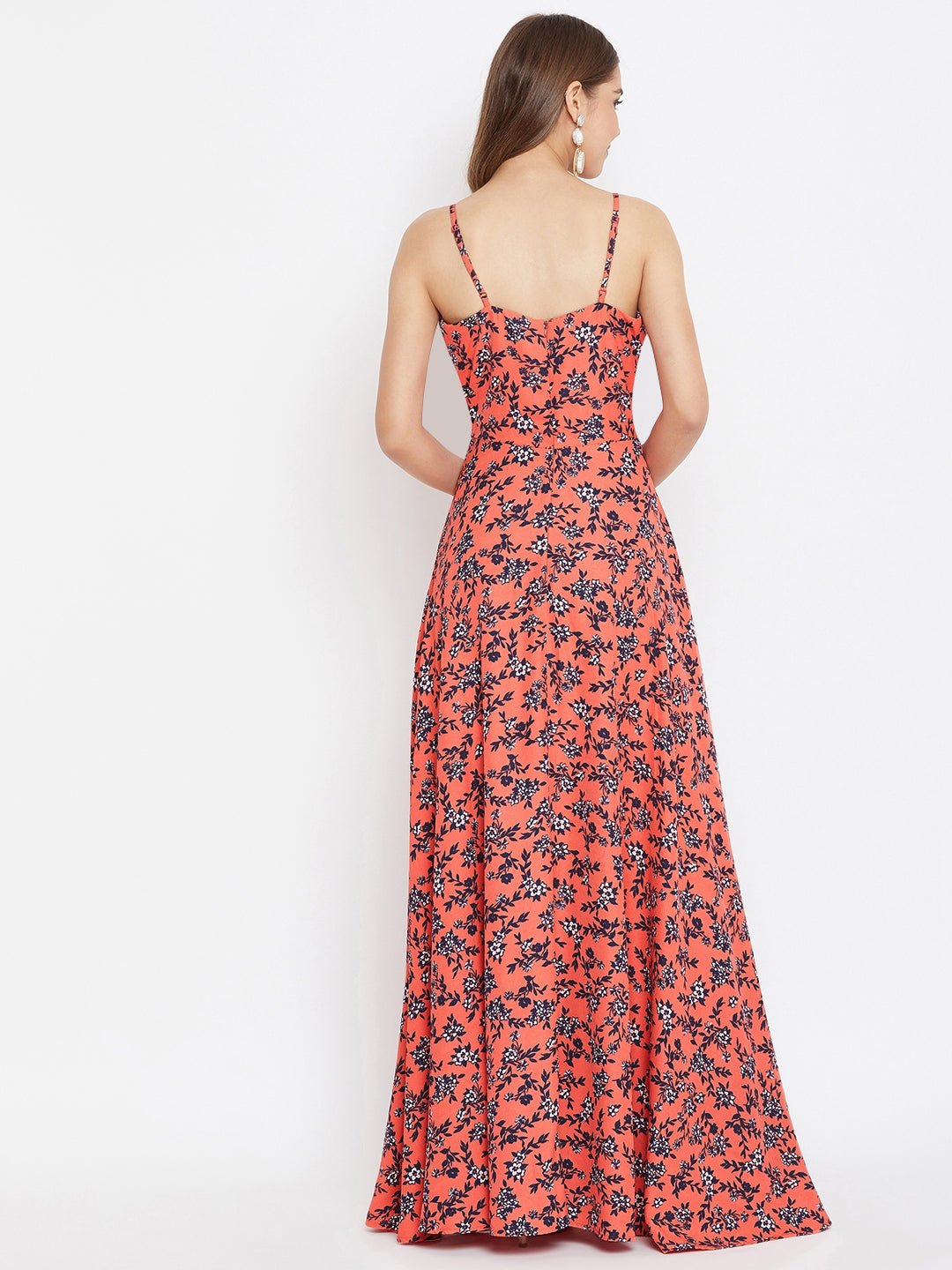 Folk Republic Women Orange Floral Printed V-Neck Thigh-High Slit Maxi Dress - #folk republic#