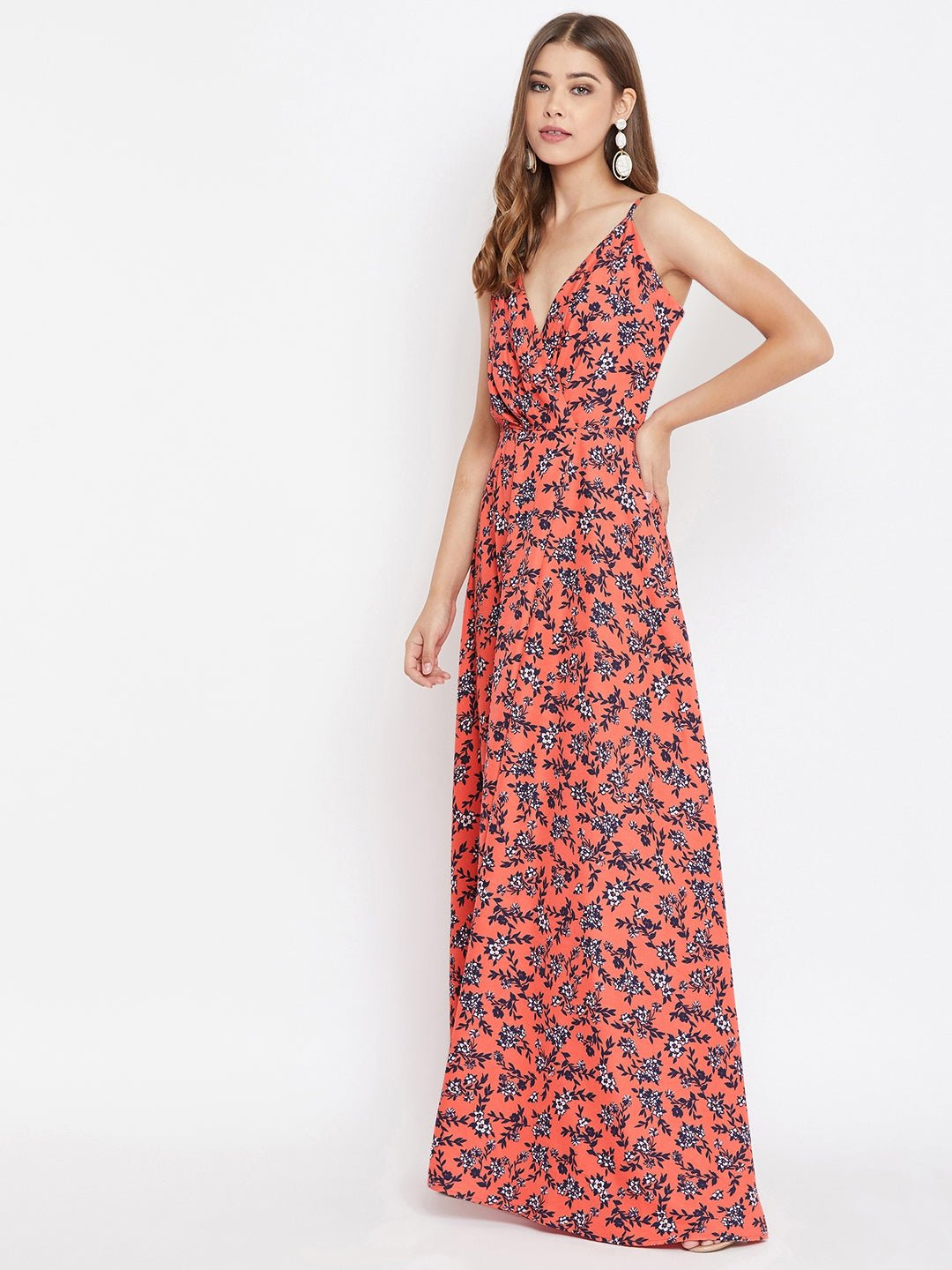Folk Republic Women Orange Floral Printed V-Neck Thigh-High Slit Maxi Dress - #folk republic#