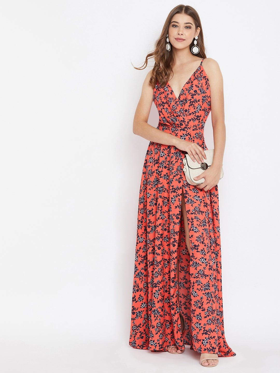 Folk Republic Women Orange Floral Printed V-Neck Thigh-High Slit Maxi Dress - #folk republic#