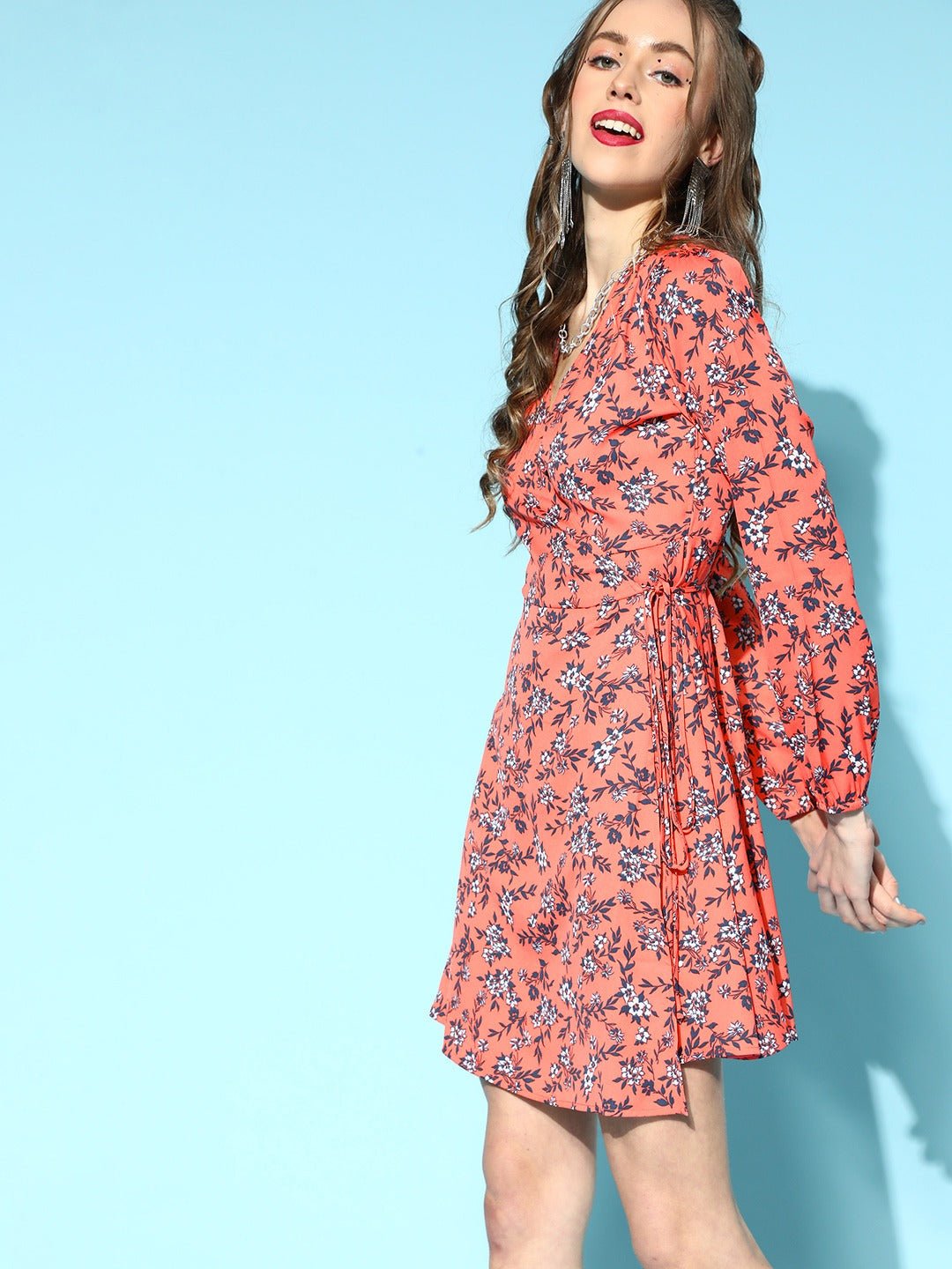Folk Republic Women Orange & Navy Blue Floral Printed V-Neck Waist Tie-Up Tulip Hem Wrap Mini Dress - #folk republic#