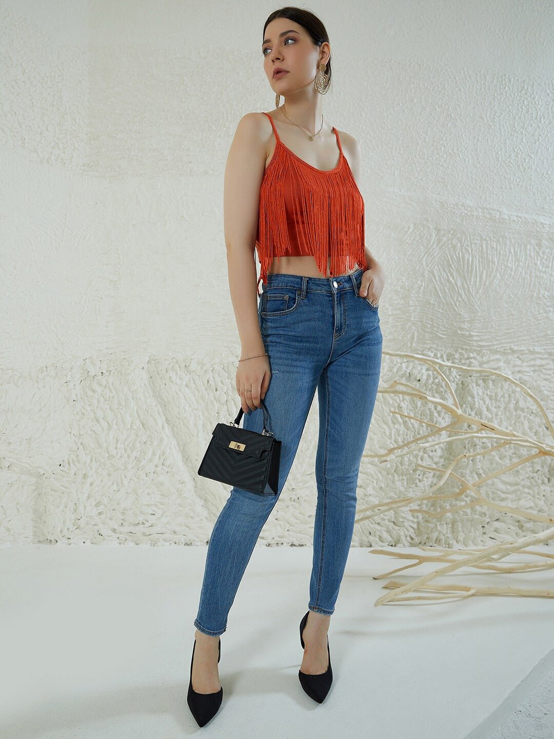 Folk Republic Women Orange Solid Shoulder Straps Fringed Fitted Crop Top - #folk republic#