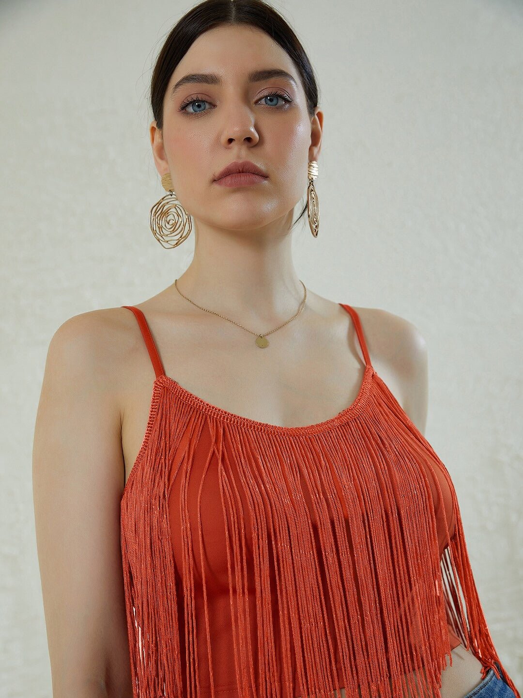Folk Republic Women Orange Solid Shoulder Straps Fringed Fitted Crop Top - #folk republic#