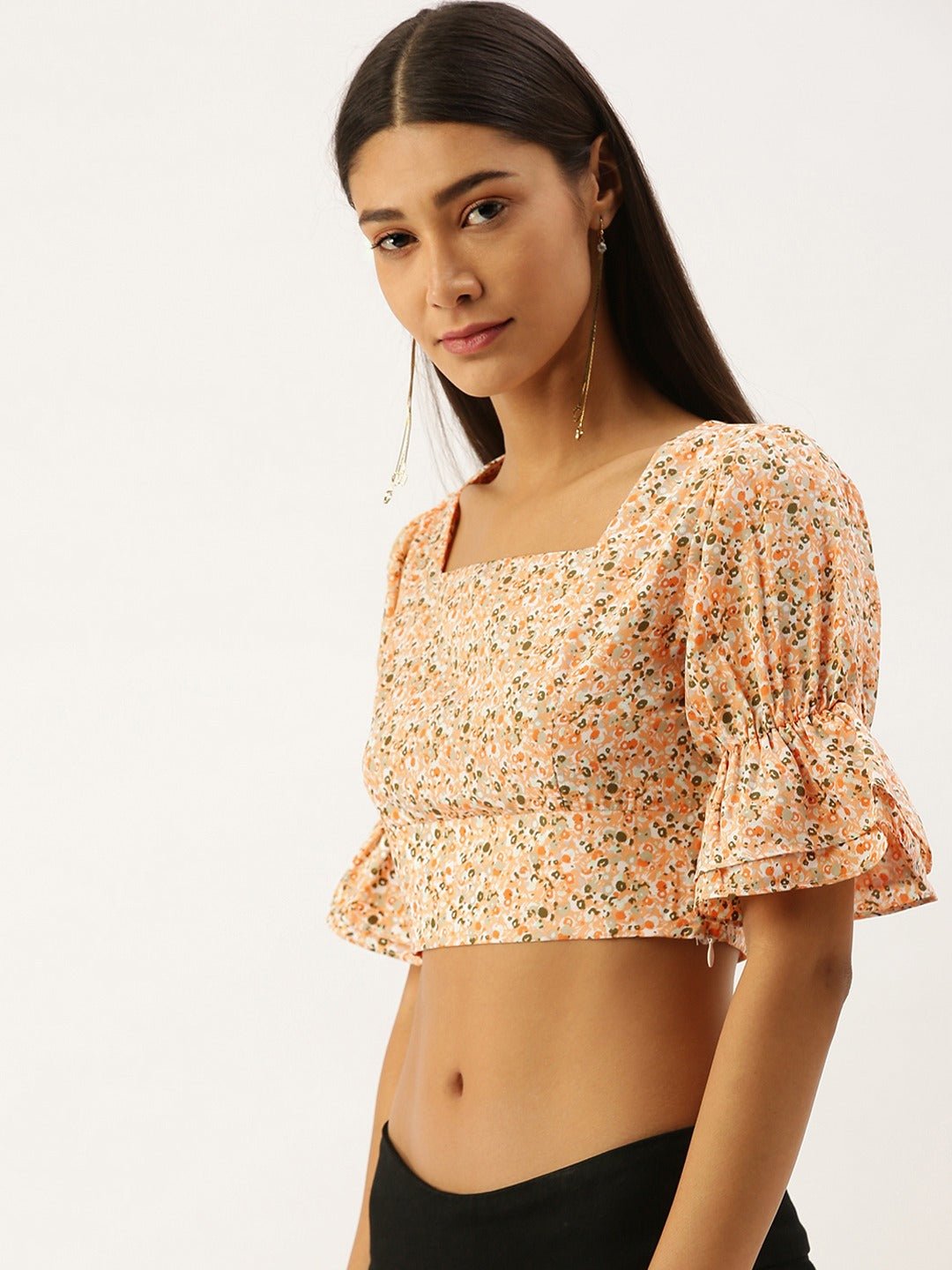 Folk Republic Women Orange Square Neck Floral Printed Crop Top - #folk republic#