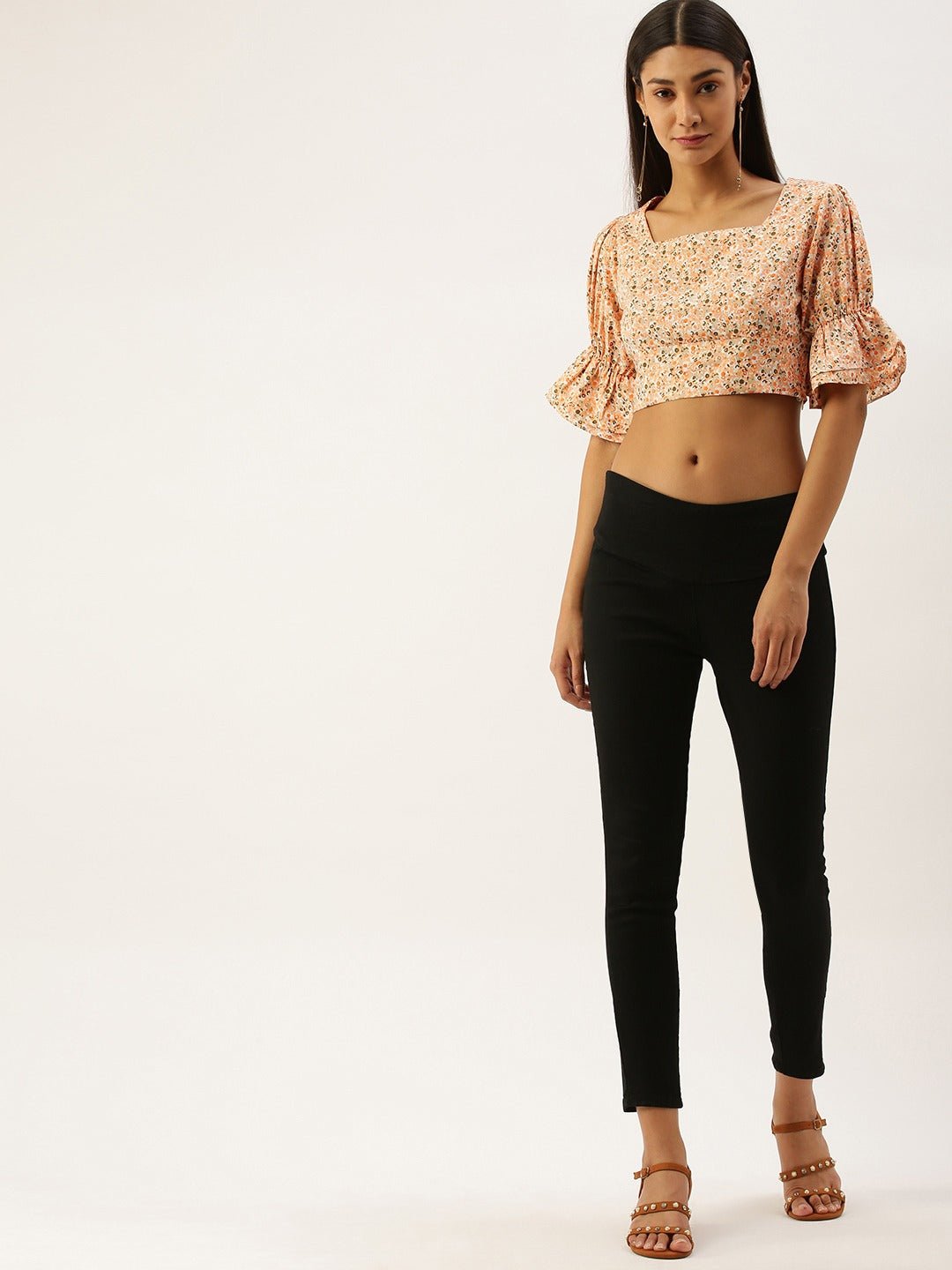 Folk Republic Women Orange Square Neck Floral Printed Crop Top - #folk republic#
