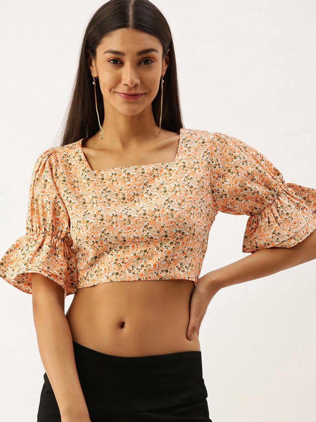 Folk Republic Women Orange Square Neck Floral Printed Crop Top - #folk republic#