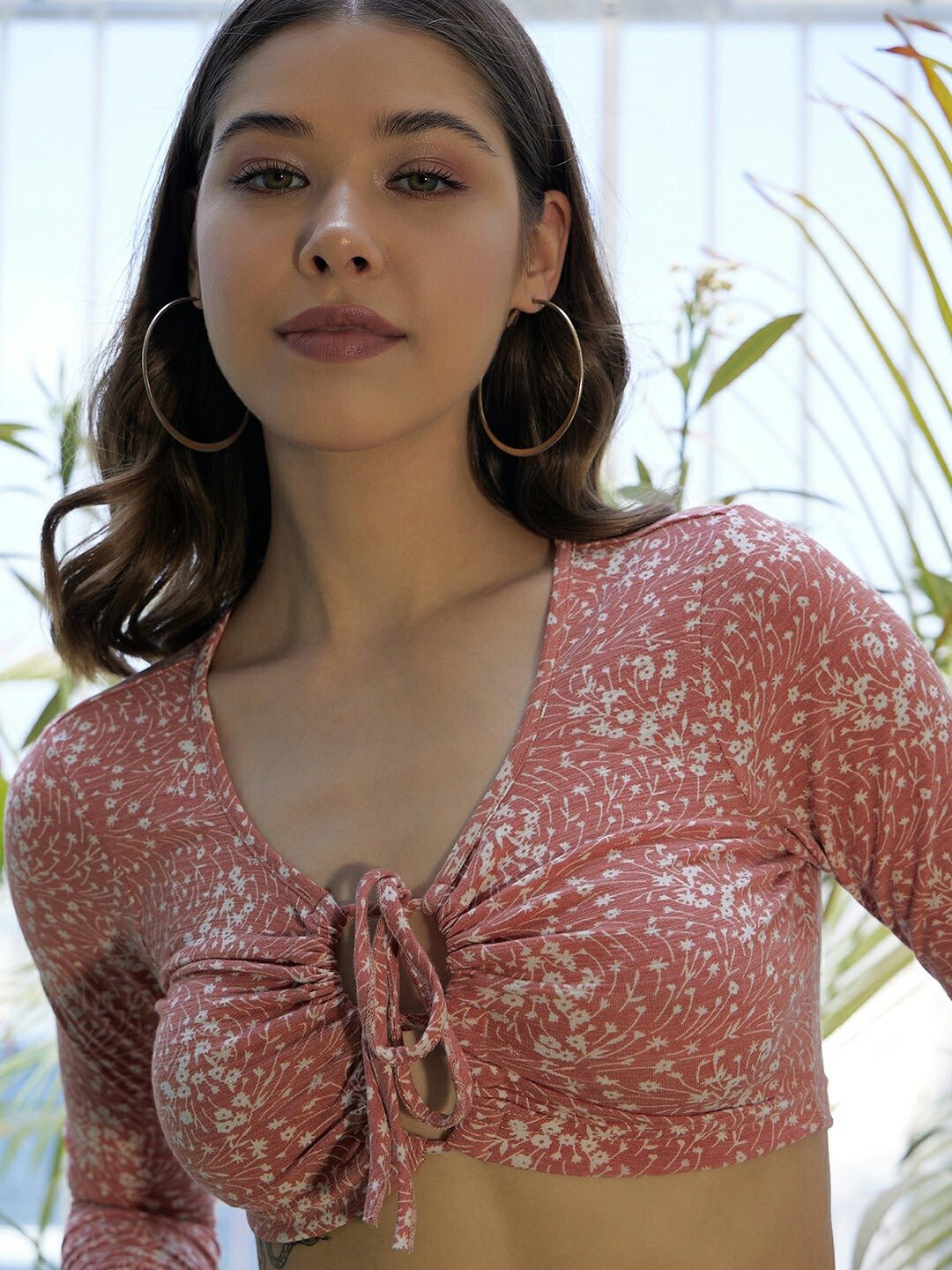 Folk Republic Women Orange & White Floral Printed Scoop Neck Front Tie-Up Cut-Out Cotton Bralette Cropped Top - #folk republic#