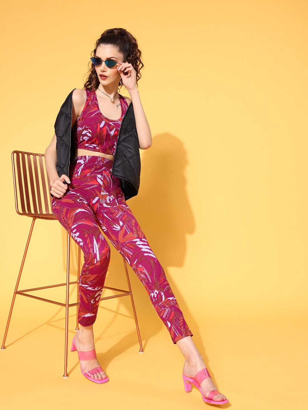 Folk Republic Women Pink Abstract Printed Round Neck Polyester Cropped Top & Tights Set - #folk republic#