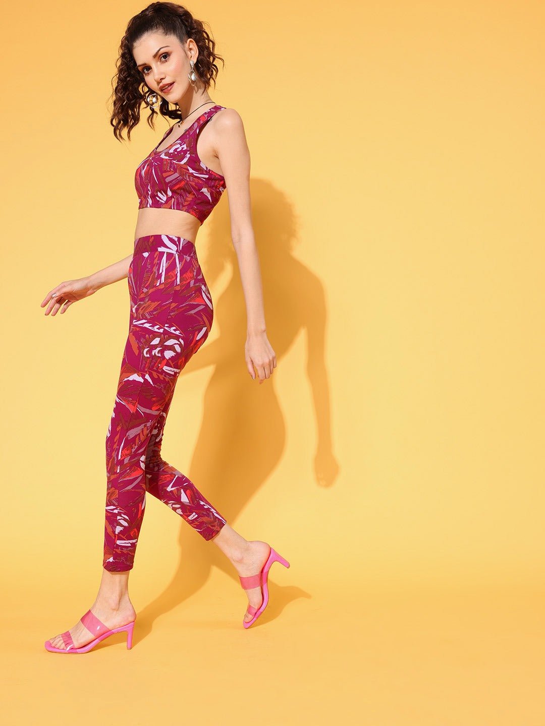 Folk Republic Women Pink Abstract Printed Round Neck Polyester Cropped Top & Tights Set - #folk republic#