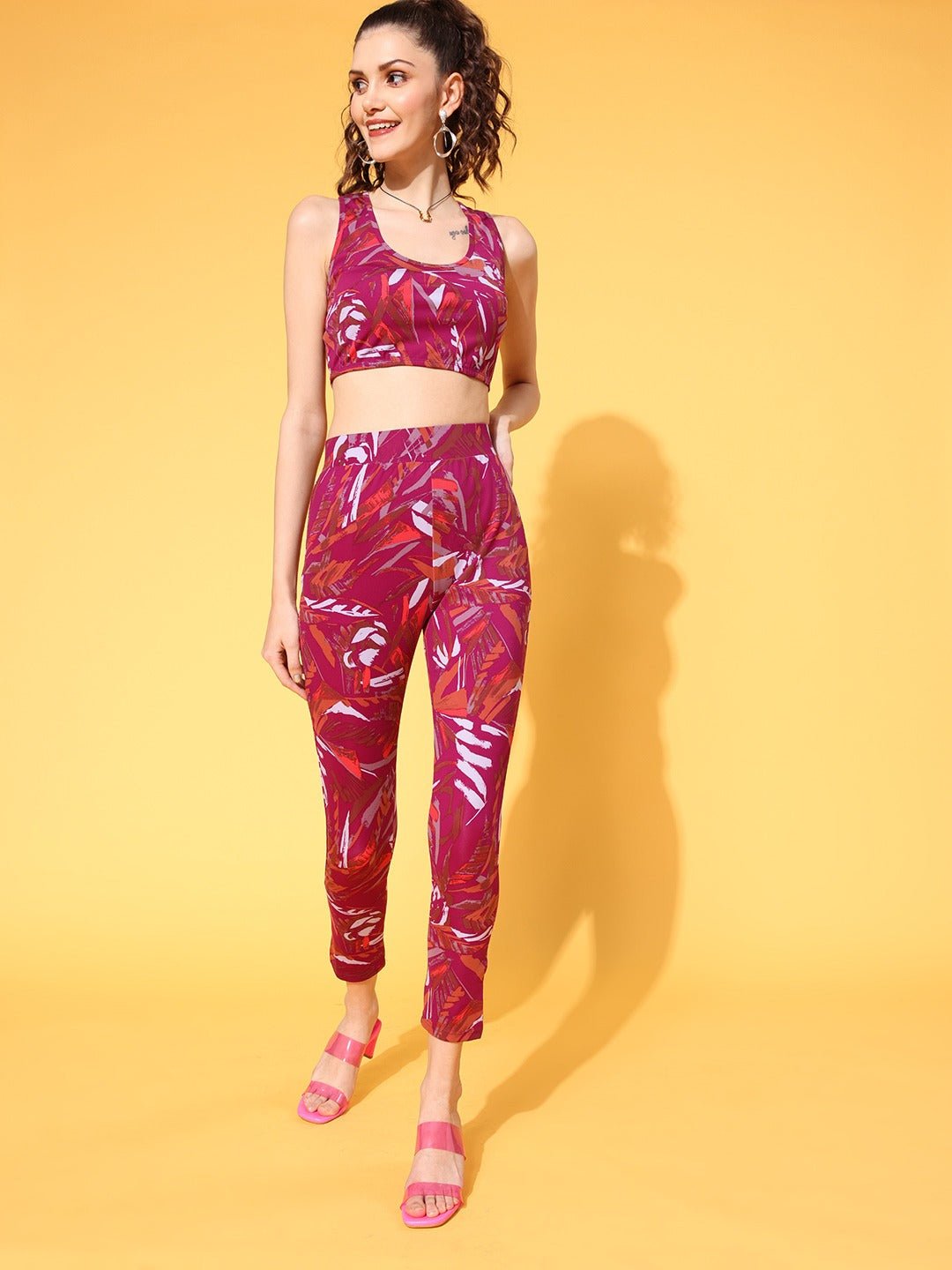Folk Republic Women Pink Abstract Printed Round Neck Polyester Cropped Top & Tights Set - #folk republic#