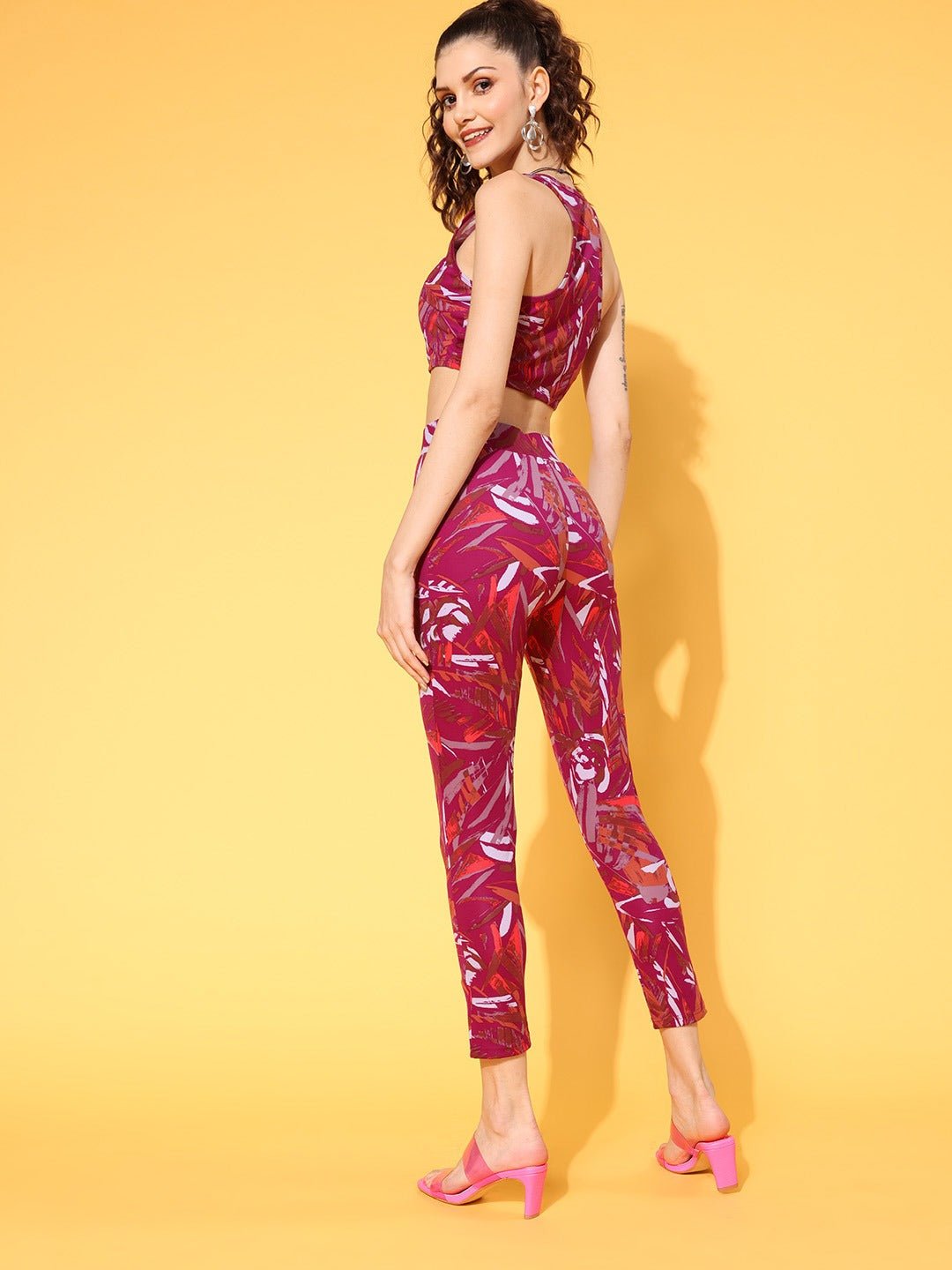 Folk Republic Women Pink Abstract Printed Round Neck Polyester Cropped Top & Tights Set - #folk republic#