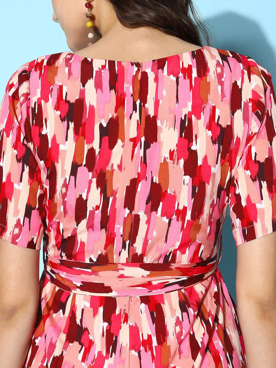 Folk Republic Women Pink Abstract Printed Round Neck Tie-Up Waist Wide Leg Regular Jumpsuit - #folk republic#