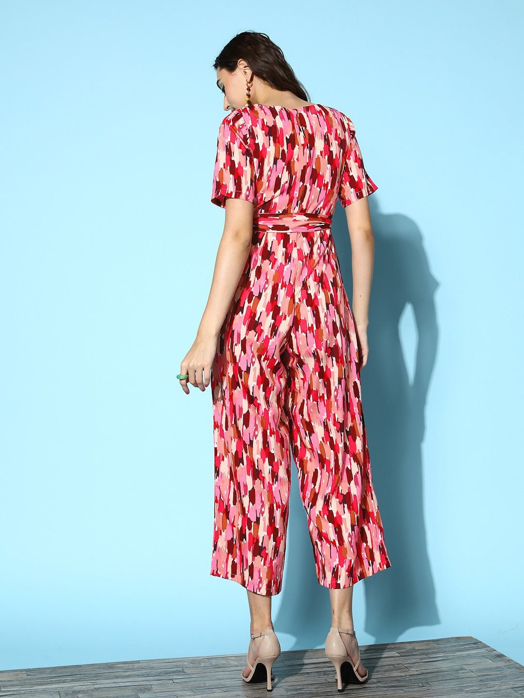 Folk Republic Women Pink Abstract Printed Round Neck Tie-Up Waist Wide Leg Regular Jumpsuit - #folk republic#