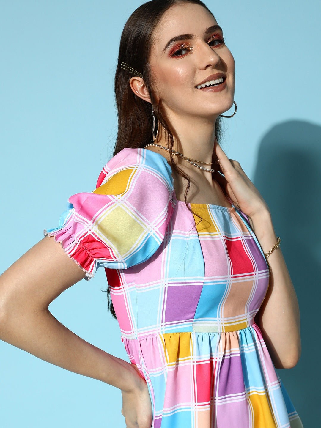 Folk Republic Women Pink & Blue Check Printed Square Neck Puff Sleeve Pleated Fit & Flare Mini Dress - #folk republic#