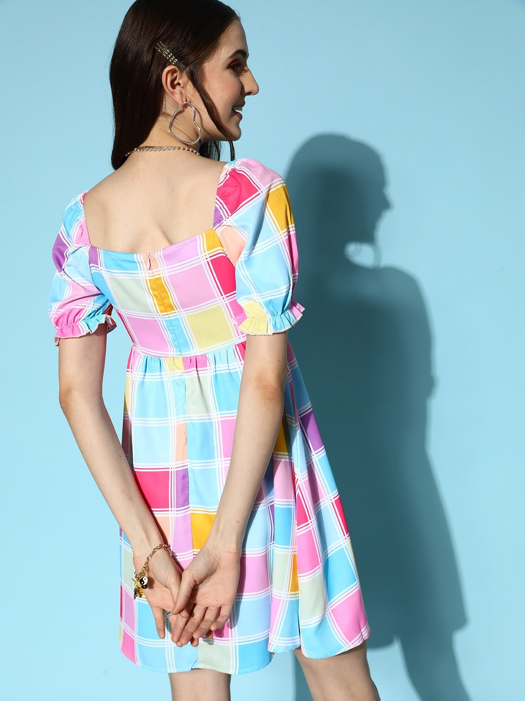 Folk Republic Women Pink & Blue Check Printed Square Neck Puff Sleeve Pleated Fit & Flare Mini Dress - #folk republic#