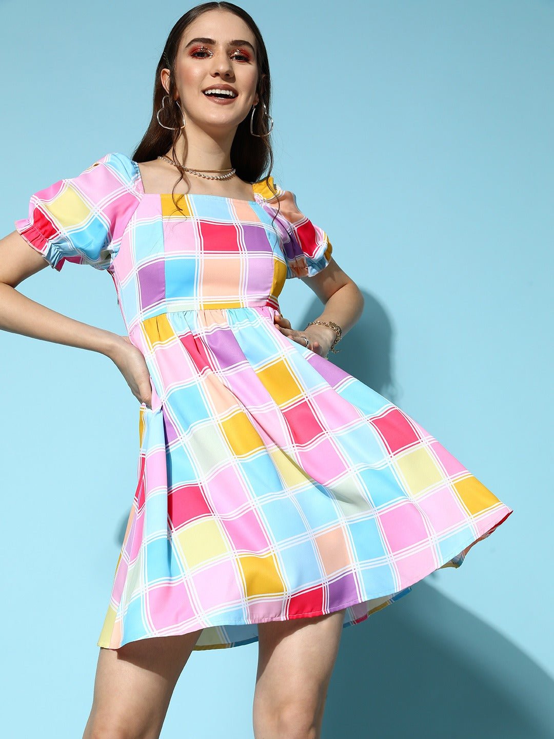 Folk Republic Women Pink & Blue Check Printed Square Neck Puff Sleeve Pleated Fit & Flare Mini Dress - #folk republic#