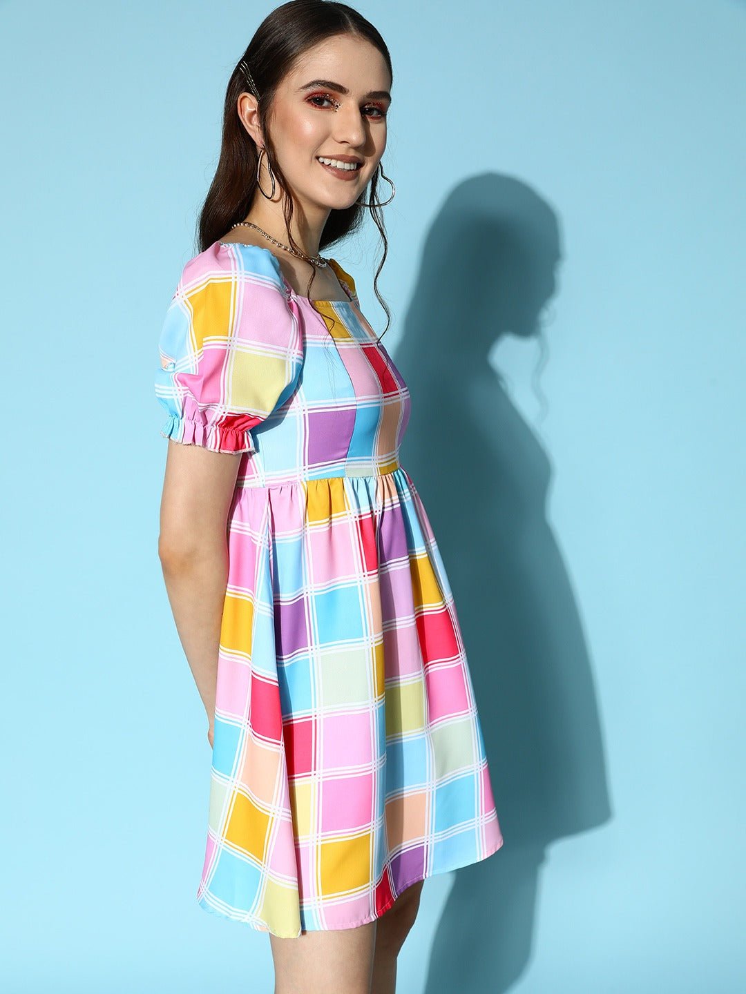 Folk Republic Women Pink & Blue Check Printed Square Neck Puff Sleeve Pleated Fit & Flare Mini Dress - #folk republic#