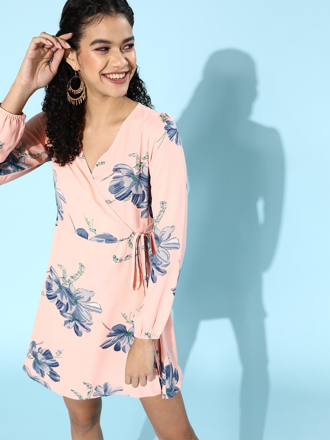 Folk Republic Women Pink & Blue Floral Printed Crepe Mini Wrap Dress - #folk republic#