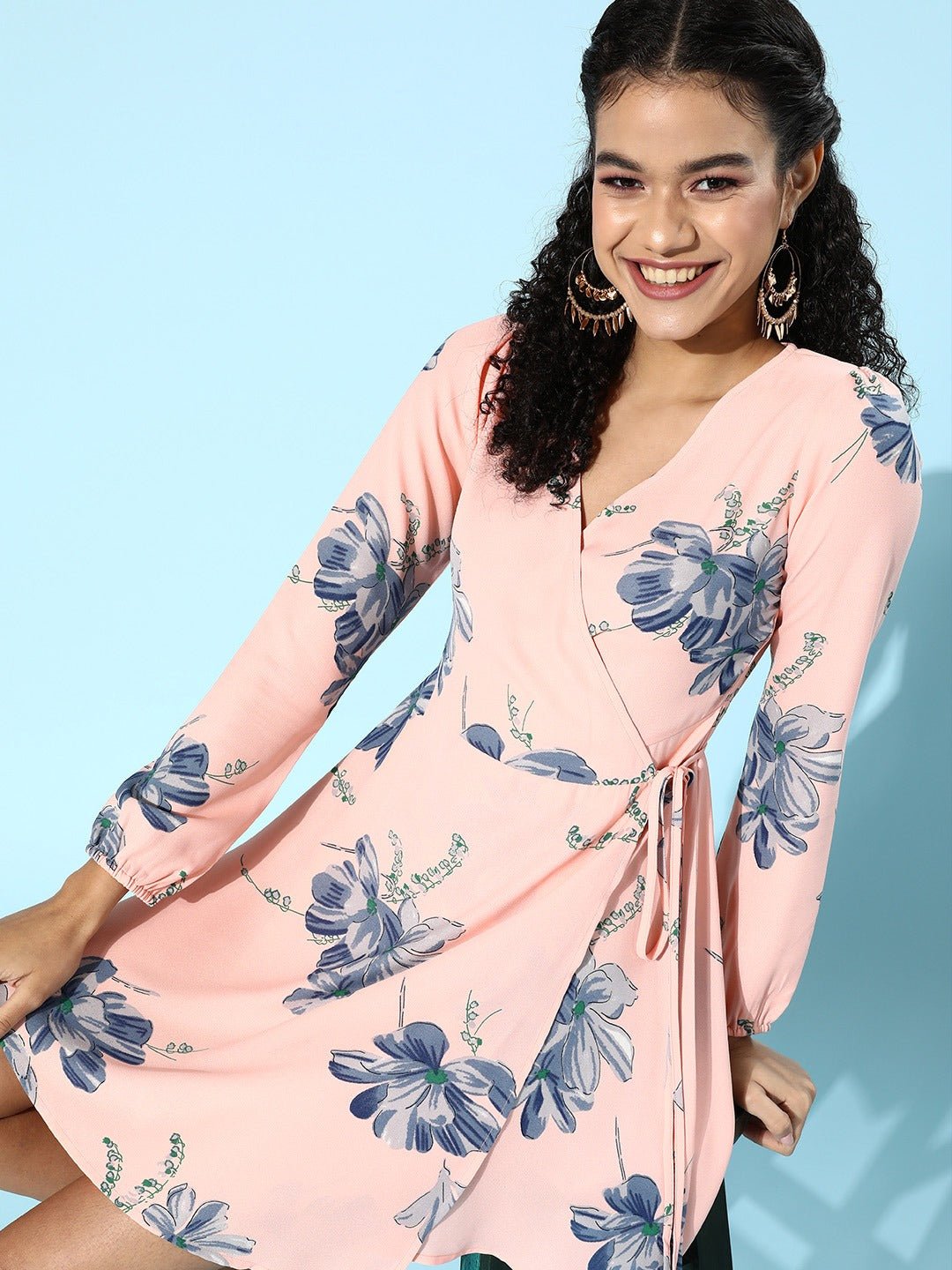 Folk Republic Women Pink & Blue Floral Printed Crepe Mini Wrap Dress - #folk republic#