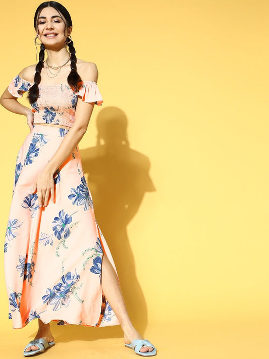 Folk Republic Women Pink & Blue Floral Printed Square Neck Crepe Smocked Co-Ordinate Maxi Dress - #folk republic#