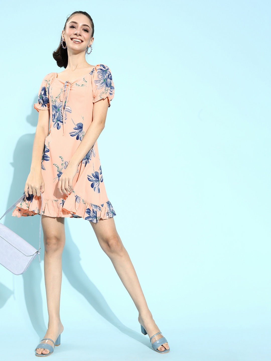 Folk Republic Women Pink & Blue Floral Printed Tie-Up Neck Ruffled A-Line Mini Dress - #folk republic#