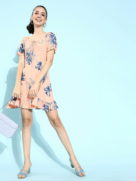 Folk Republic Women Pink & Blue Floral Printed Tie-Up Neck Ruffled A-Line Mini Dress - #folk republic#