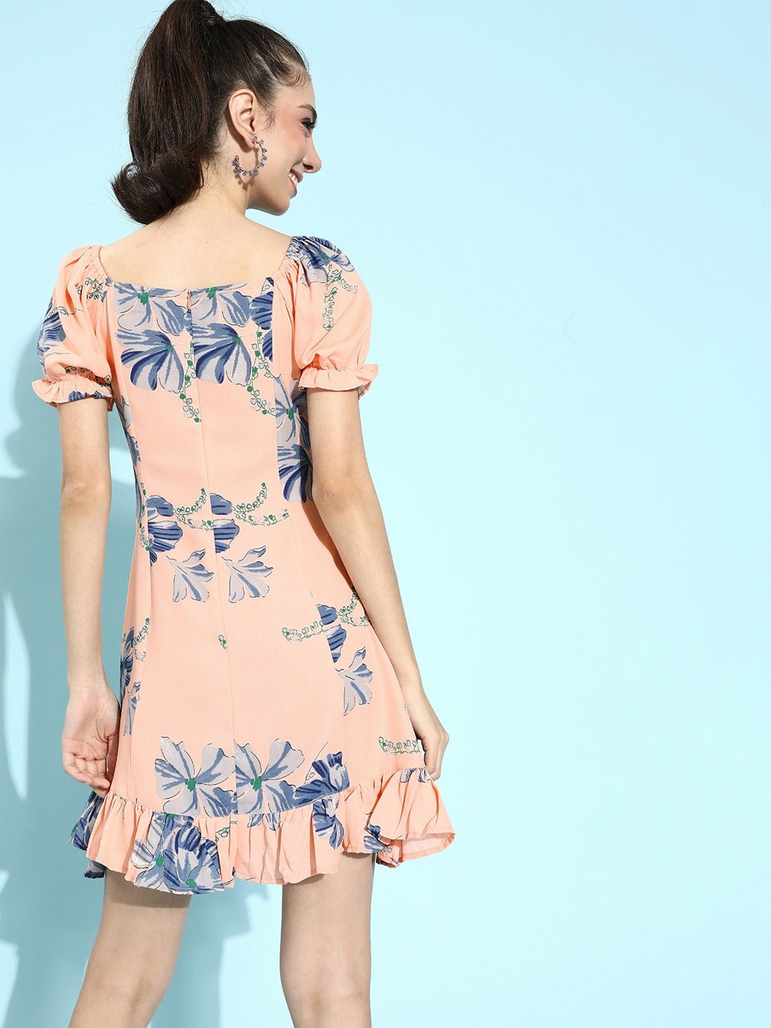 Folk Republic Women Pink & Blue Floral Printed Tie-Up Neck Ruffled A-Line Mini Dress - #folk republic#
