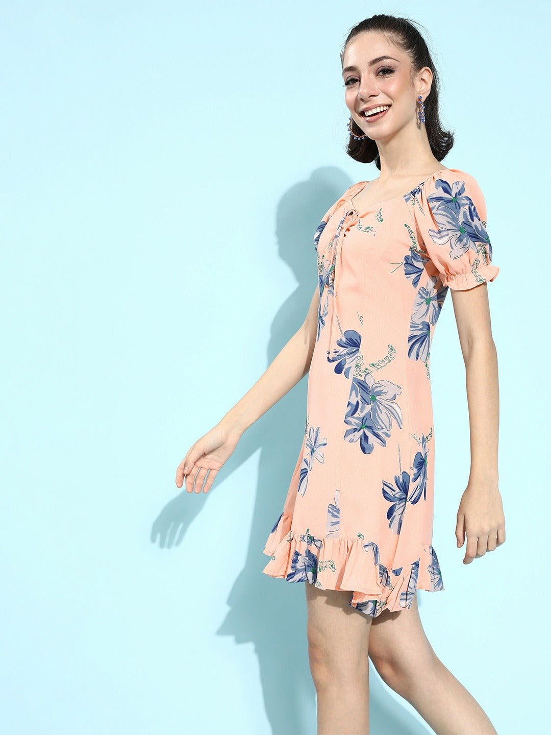 Folk Republic Women Pink & Blue Floral Printed Tie-Up Neck Ruffled A-Line Mini Dress - #folk republic#