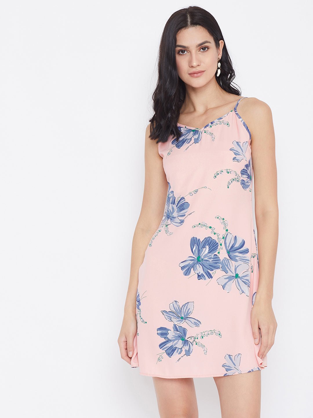 Folk Republic Women Pink & Blue Floral Printed V-Neck Straight Hem A-Line Mini Dress - #folk republic#