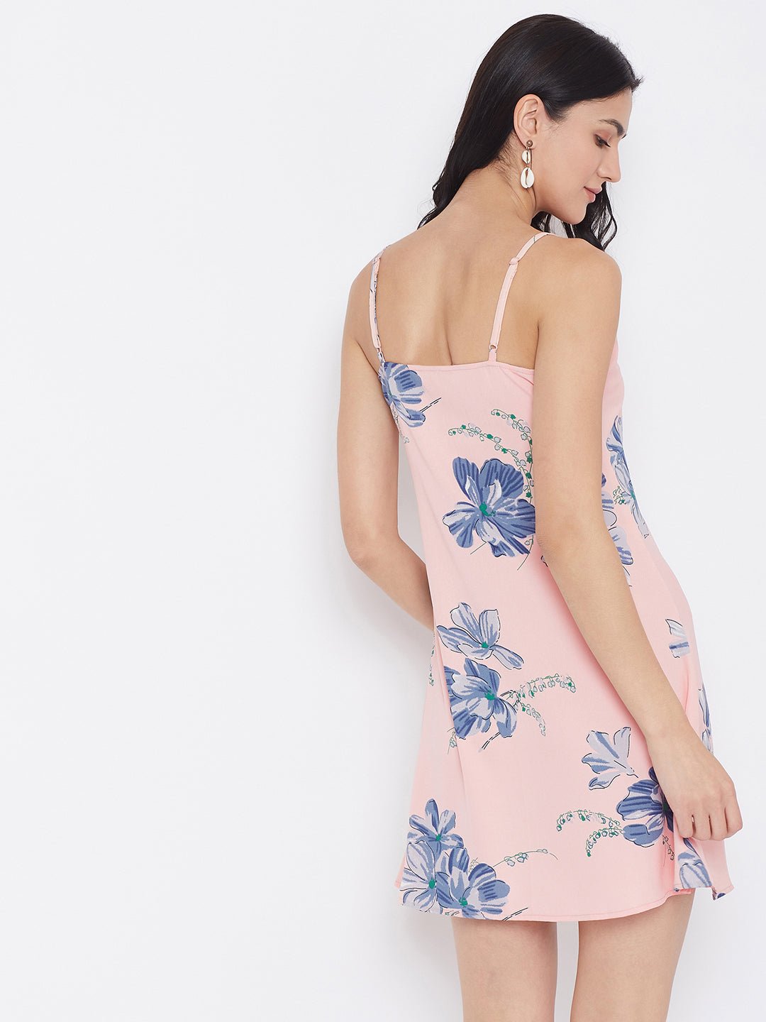Folk Republic Women Pink & Blue Floral Printed V-Neck Straight Hem A-Line Mini Dress - #folk republic#